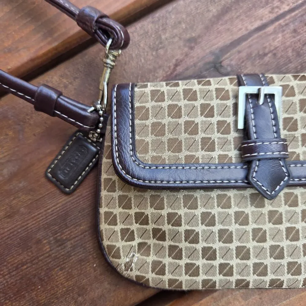 Coach Y2K Signature Jacquard Buckle Wristlet Brown Leather Mini Bag